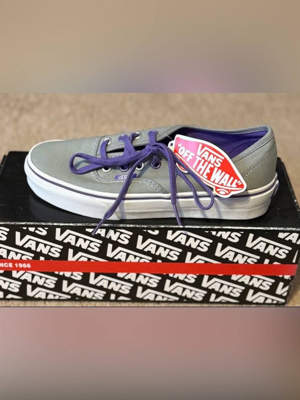 NEW Vans Kids Authentic Low Top Sneakers - Gray with Purple Laces